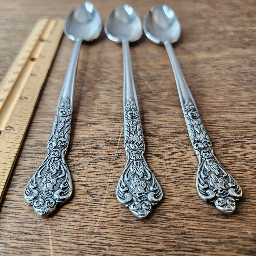 Versailles Stainless‎ Japan Iced Tea Spoons Set of 3 Ornate Floral Scroll 7.5 in